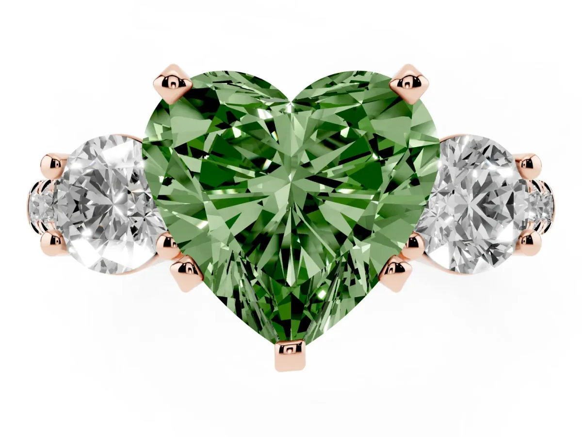 Fancy Green Three-Stone Heart Cut Diamond Pavé Band with Four-Prong Setting Rose gold