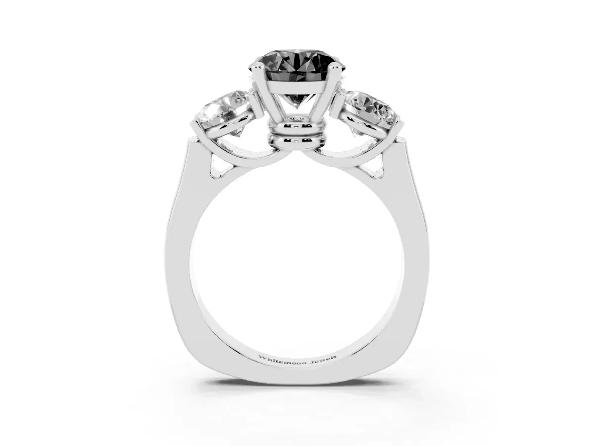 Fancy Black Three-Stone Round Cut Brilliant Diamond Trellis Ring with Comfort Fit Band Platinum
