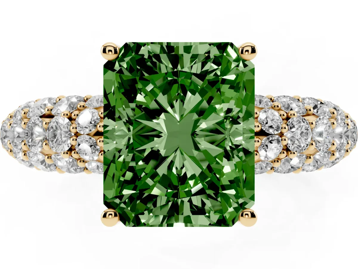 Fancy Green Radiant Cut Diamond Pavé Band Solitaire Ring with Four-Prong Setting Yellow gold