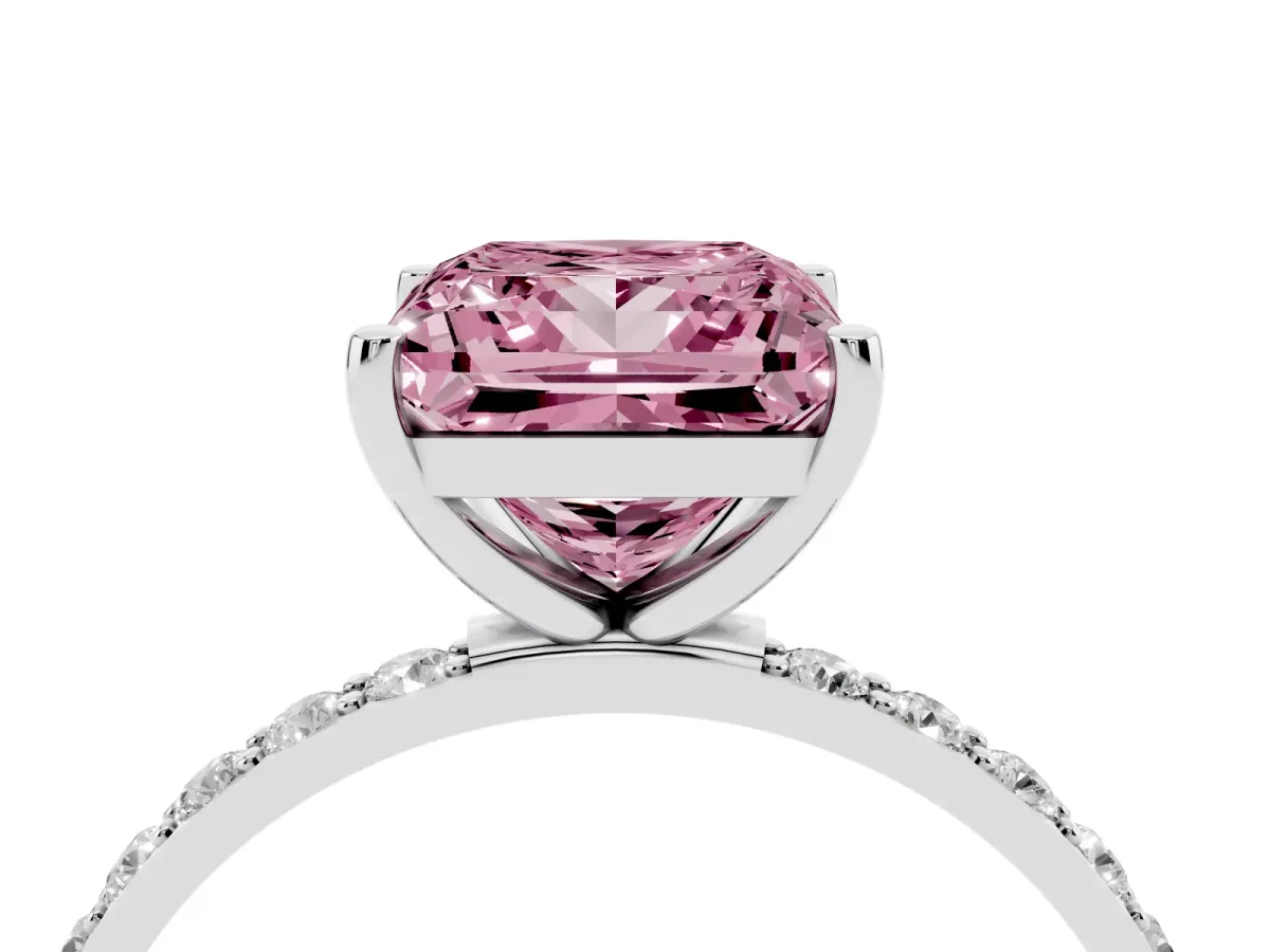 Fancy Pink Princess Cut Diamond Solitaire Ring with Round Pavé Shoulders and Prong Setting Silver