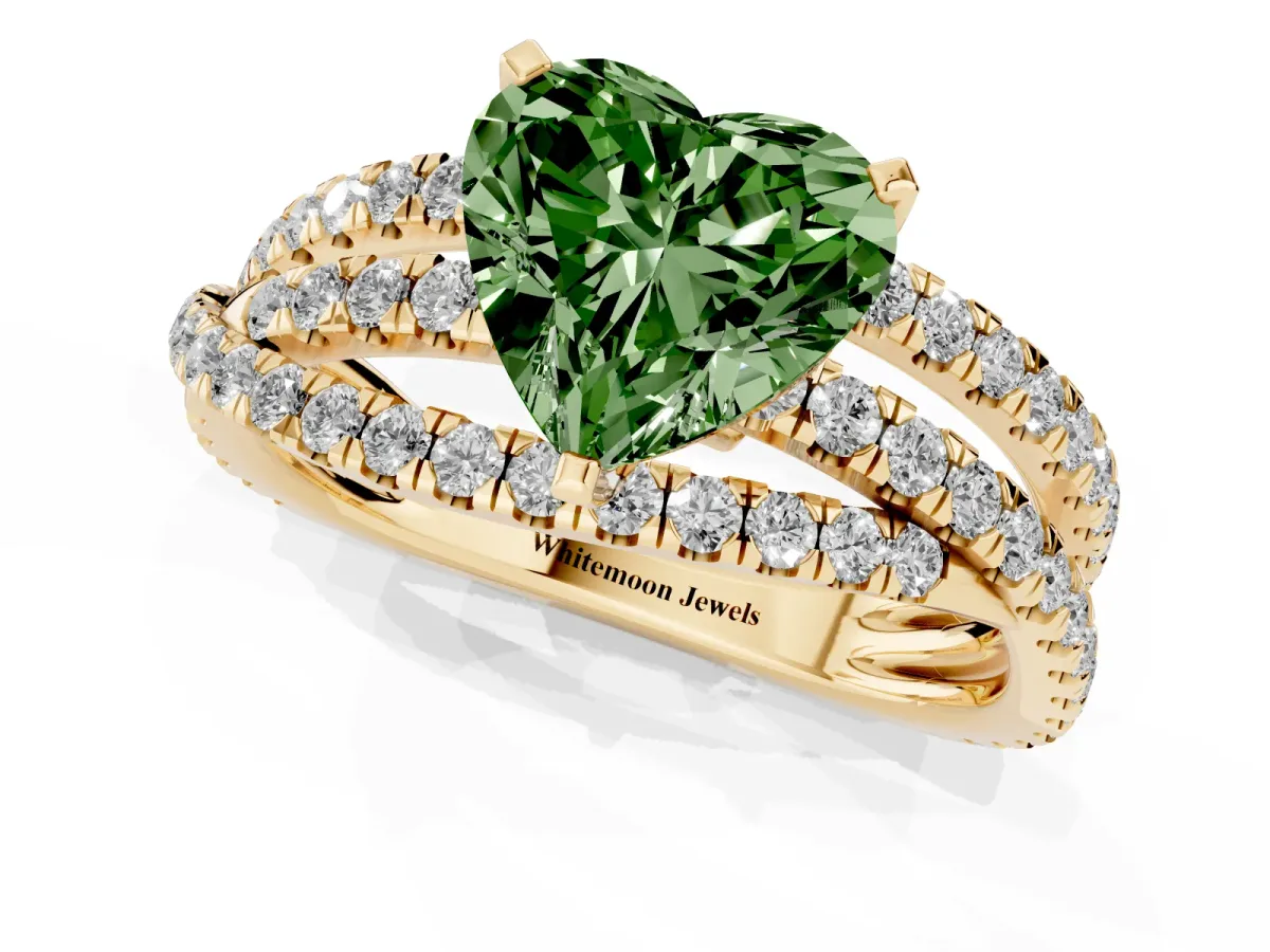 Fancy Green Heart Cut Solitaire Twist Band with Pavé Setting and Four-Prong Setting Yellow gold
