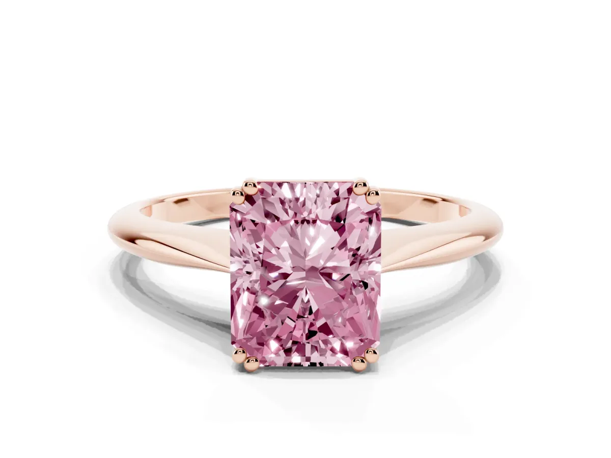 Fancy Pink Radiant Cut Solitaire Diamond Ring with Six-Prong Setting and Classic Band Rose gold