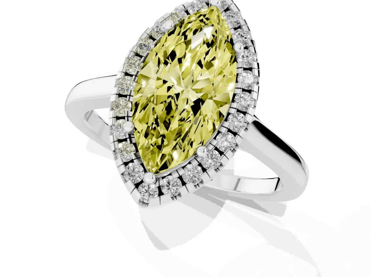 Fancy Yellow Marquise Cut Halo Round Diamond Solitaire Ring with Pavé Band and Four-Prong Setting Silver