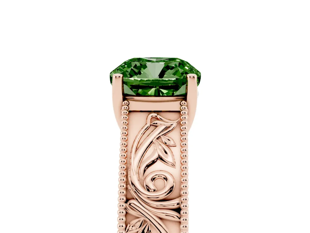 Fancy Green Cushion Cut Diamond Solitaire Ring with Engraved Band and Four-Prong Setting Rose gold