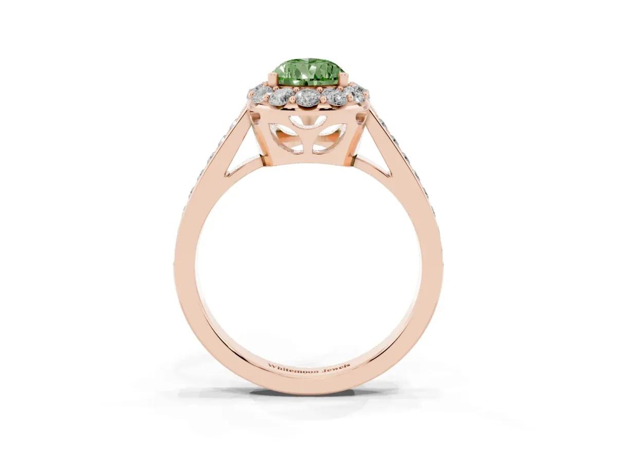 Fancy Green Pear Cut Diamond Floral Halo Ring with Pavé Band and Prong Setting Rose gold