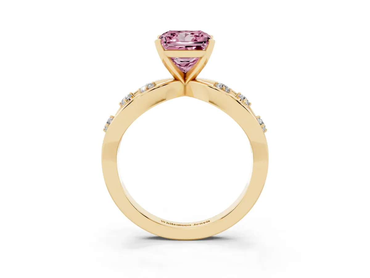 Fancy Pink Princess Cut Cut Solitaire Diamond with Side Stones on Criss-Cross Band and Four-Prong Setting Yellow gold