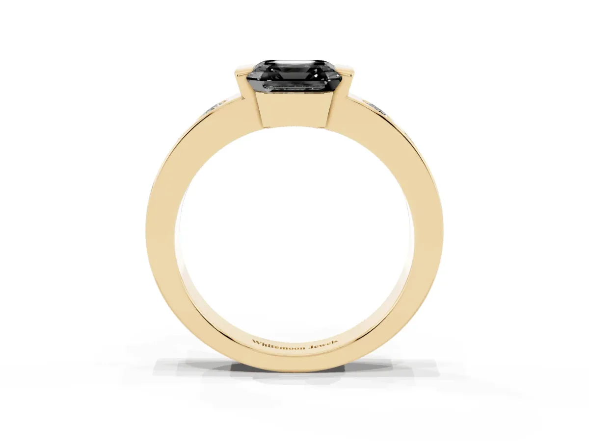 Fancy Black Asscher Cut Brilliant Channel-Set Diamond Ring with Bezel Prong Setting Yellow gold