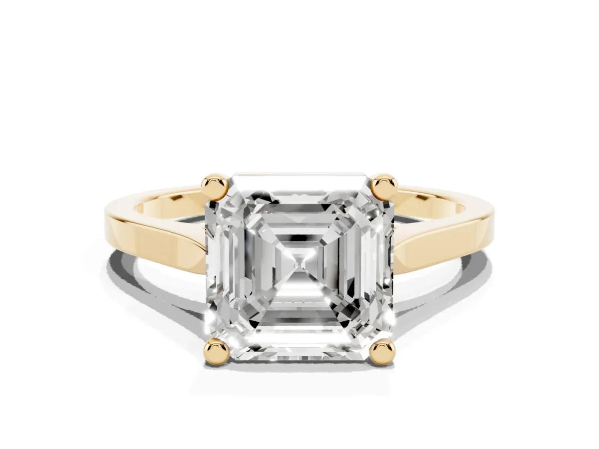 Asscher Cut Solitaire Diamond Ring with Four-Prong Setting and Tapered Band Yellow gold