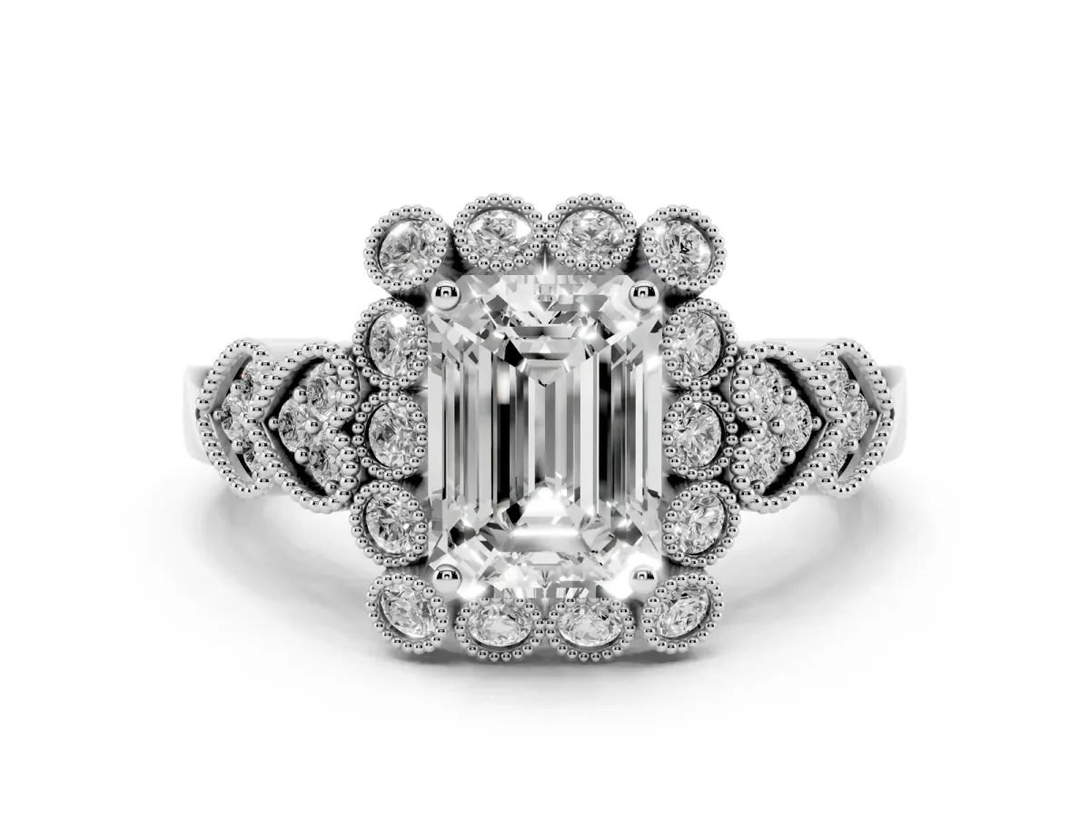 Emerald Cut Brilliant Milgrain Pave Heart Band Solitaire Ring Silver