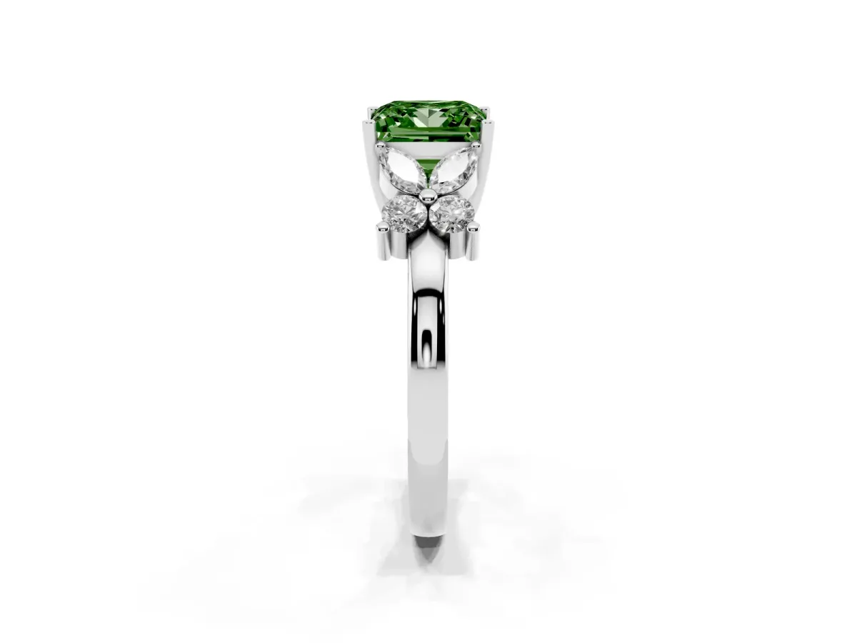 Fancy Green Princess Cut Diamond Floral Cluster Ring with Solitaire Band and Prong Setting Silver