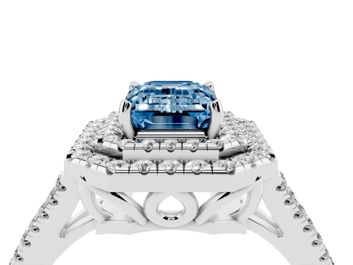 Fancy Blue Emerald Cut Diamond Double Halo Ring with Pavé Band and Prong Setting Silver