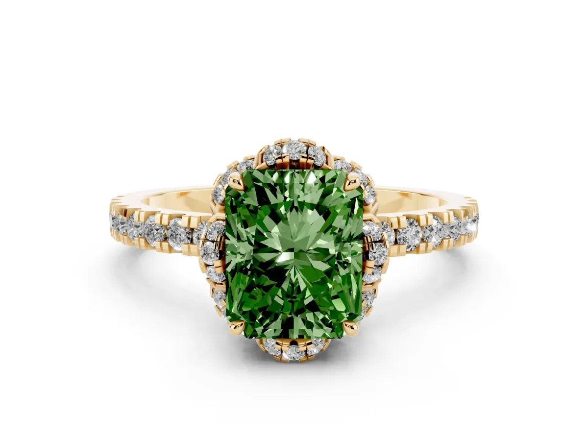 Fancy Green Radiant Cut Diamond Halo Pave Band with Four-Prong Setting Yellow gold