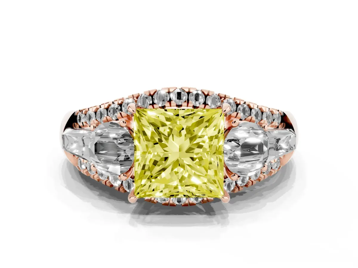Fancy Yellow Three-Stone Princess Cut Diamond Engagement Ring with Pave Band and Prong Setting Rose gold