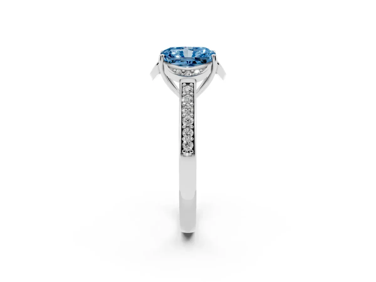 Fancy Blue Radiant Cut Cut Halo Diamond Ring with Channel Set Band and Four-Prong Setting White gold