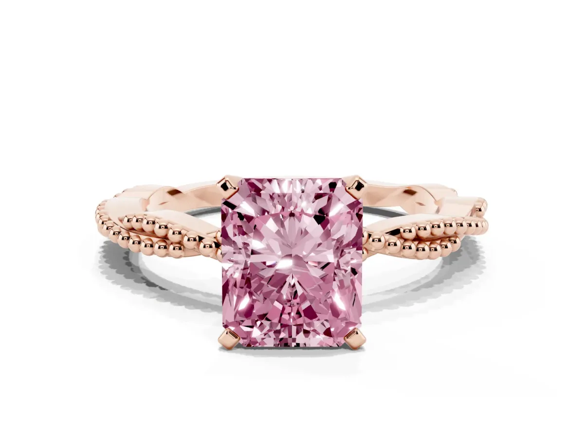 Fancy Pink Radiant Cut Solitaire Twisted Band with Bead Prong Setting Rose gold