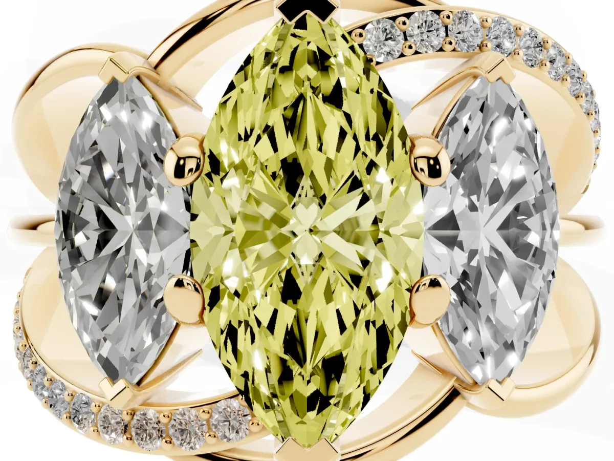 Fancy Yellow Three-Stone Marquise Cut Cut Diamond Split Shank Prong Set Ring Yellow gold