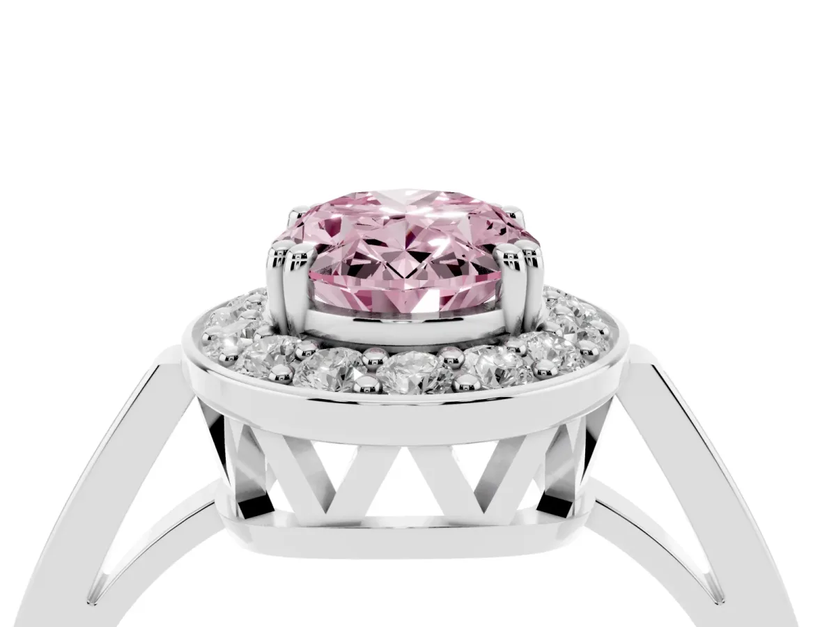 Fancy Pink Oval Cut Diamond Halo Ring with Split Shank and Four-Prong Setting Platinum