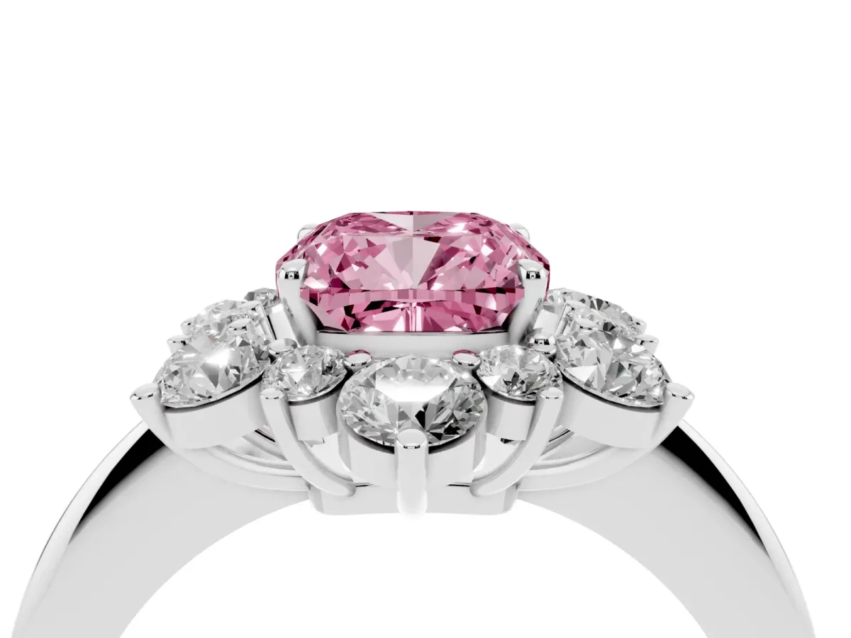 Fancy Pink Cushion Cut Diamond Cluster Halo Ring with Solitaire Band and Four-Prong Setting Silver