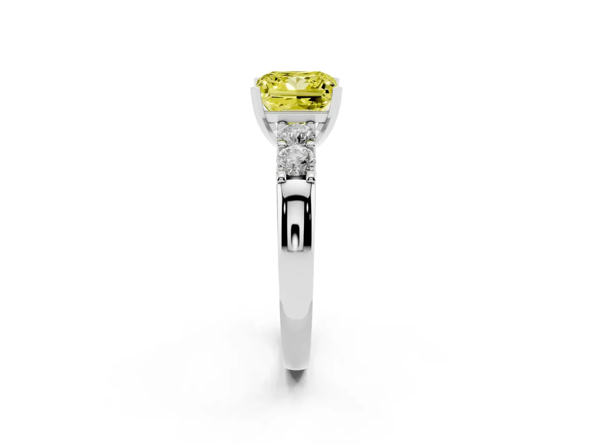 Fancy Yellow Princess Cut Brilliant Cut Diamond Five-Stone Prong Set Engagement Ring with Channel Band White gold