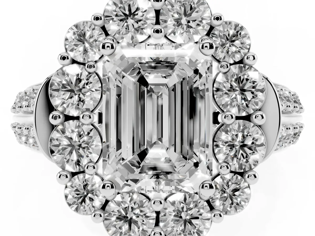 Emerald Cut Halo Diamond Engagement Ring with Split Shank and Prong Setting Silver