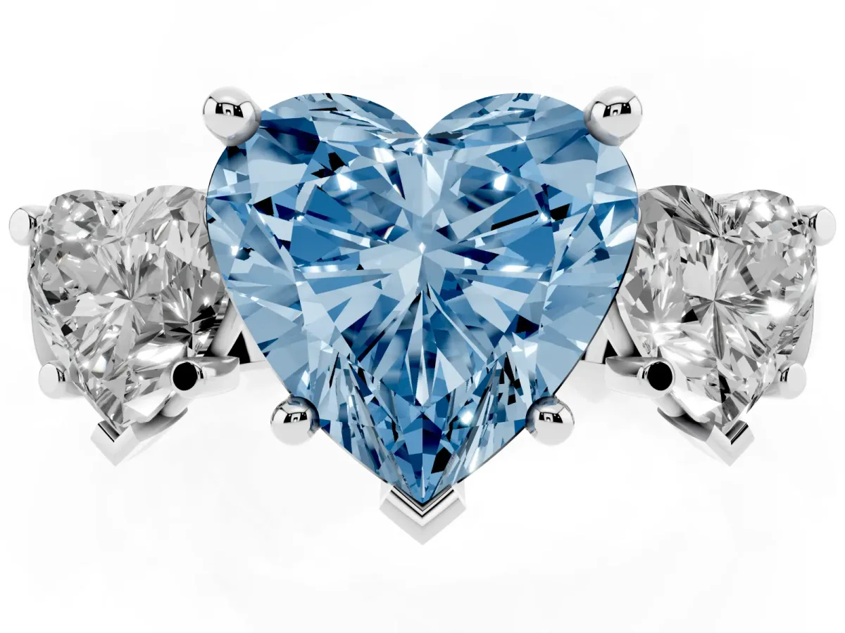 Fancy Blue Three-Stone Heart Cut Brilliant Diamond Trellis Ring with Comfort Fit Band Silver