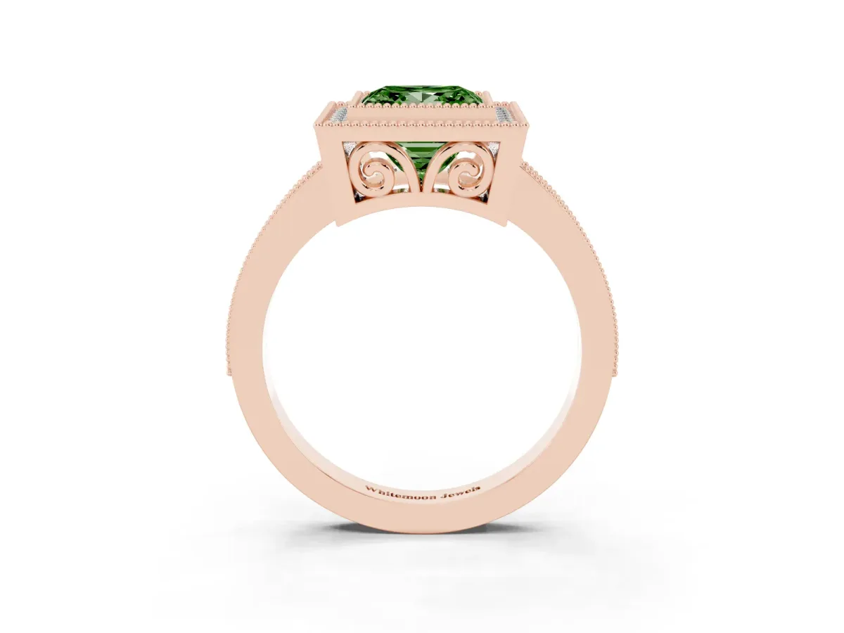 Fancy Green Princess Cut Cut Halo Diamond Ring with Pavé Band and Milgrain Prong Setting Rose gold