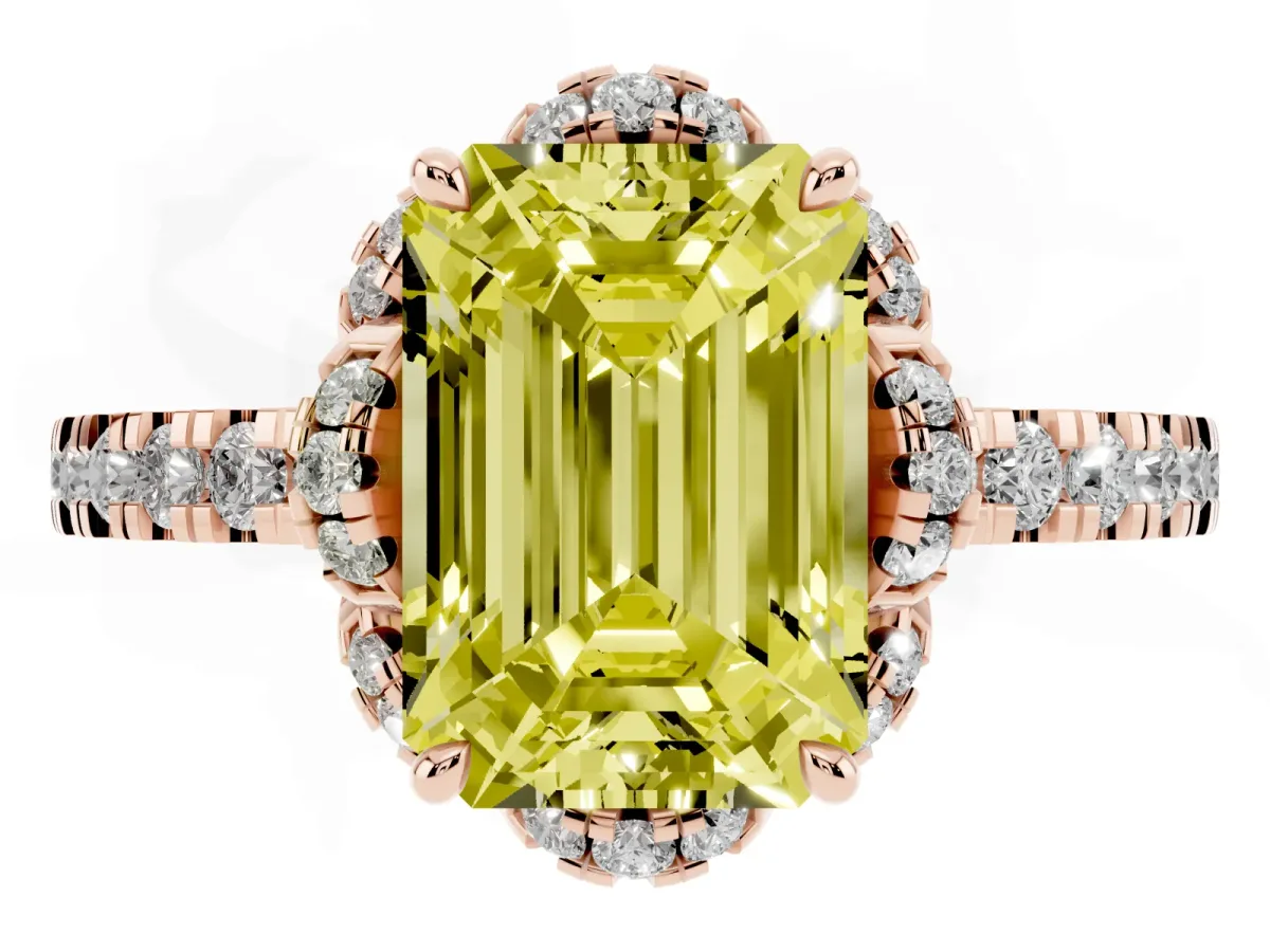 Fancy Yellow Emerald Cut Diamond Halo Pave Band with Four-Prong Setting Rose gold