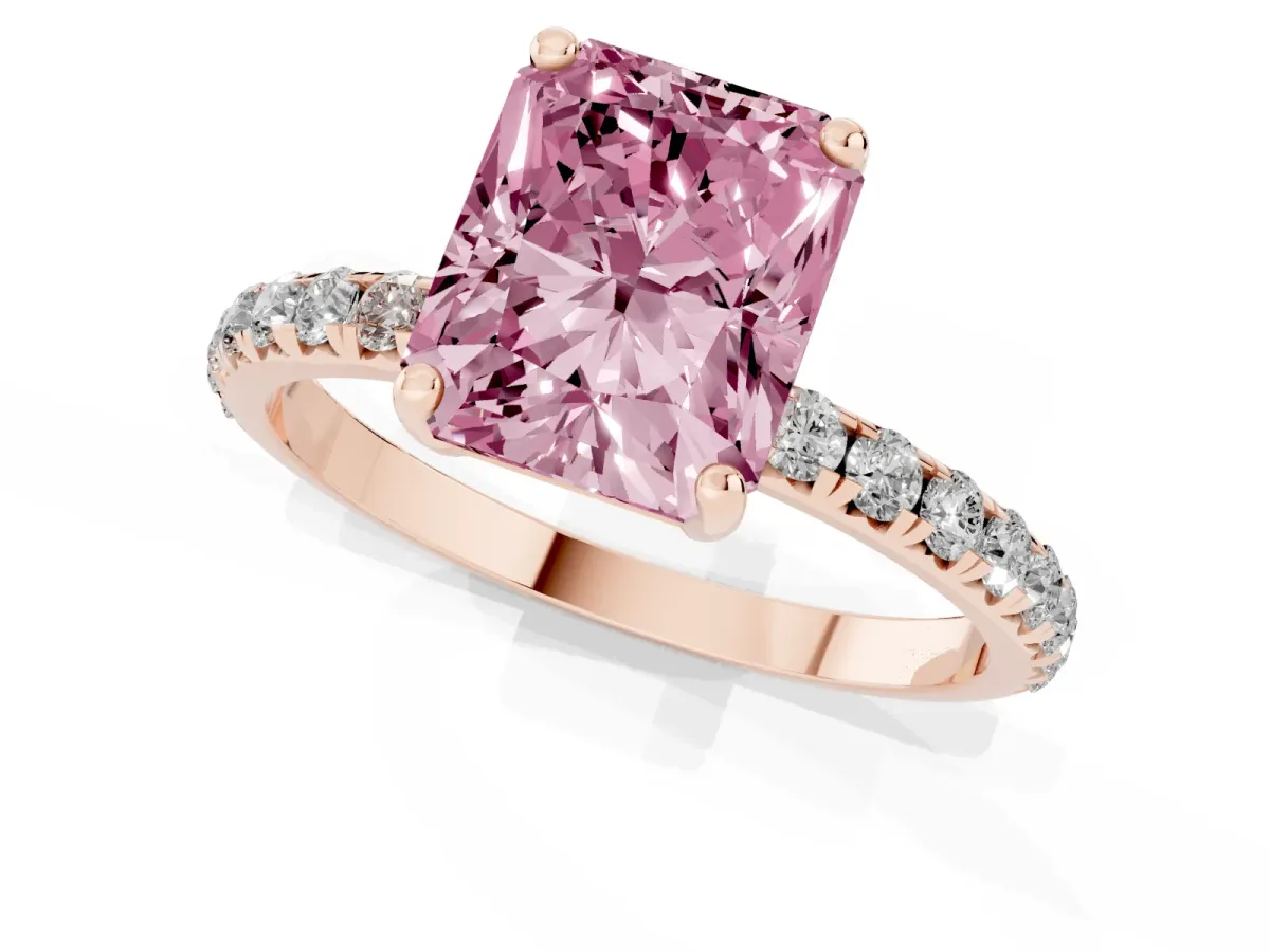 Fancy Pink Radiant Cut Cut Diamond Solitaire Ring with Micro Pave Band and Four Prong Setting Rose gold