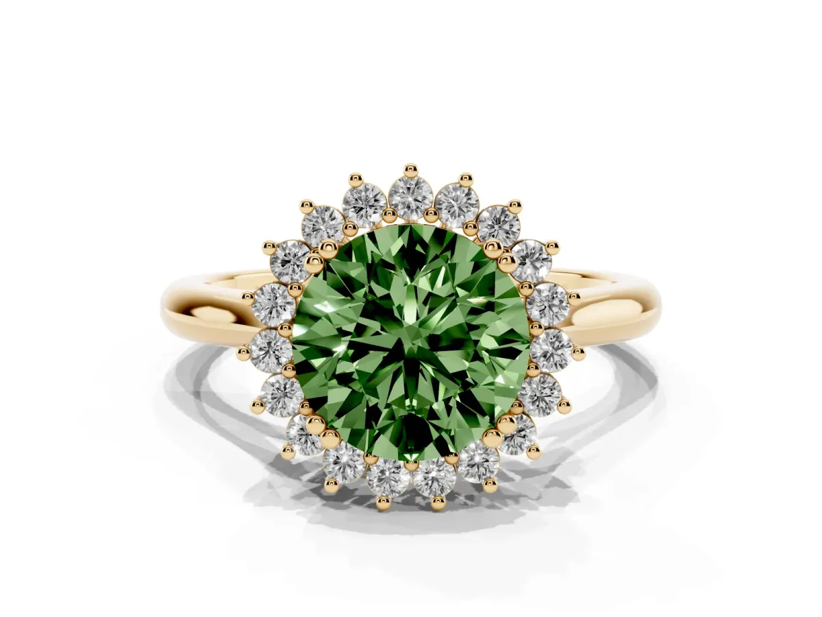 Fancy Green Round Cut Cut Diamond Halo Ring with Solitaire Band and Prong Setting Yellow gold