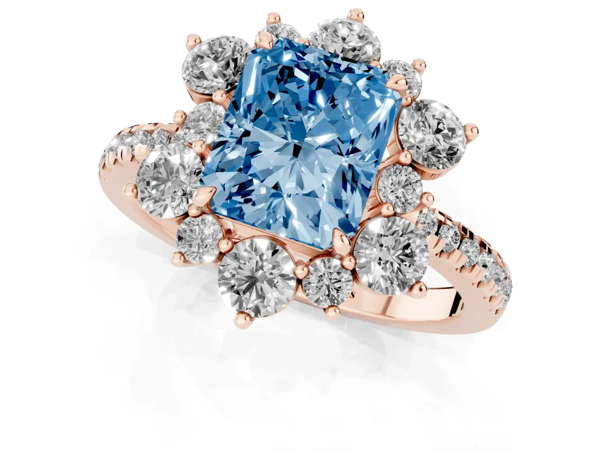 Fancy Blue Radiant Cut Diamond Floral Halo Ring with Round Pavé Band and Prong Setting Rose gold