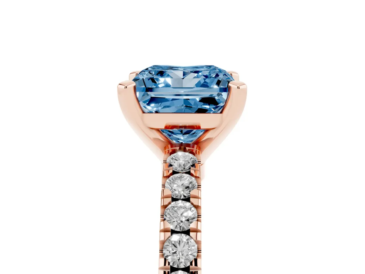 Fancy Blue Princess Cut Solitaire Diamond with Pavé Band and Four-Prong Setting Rose gold