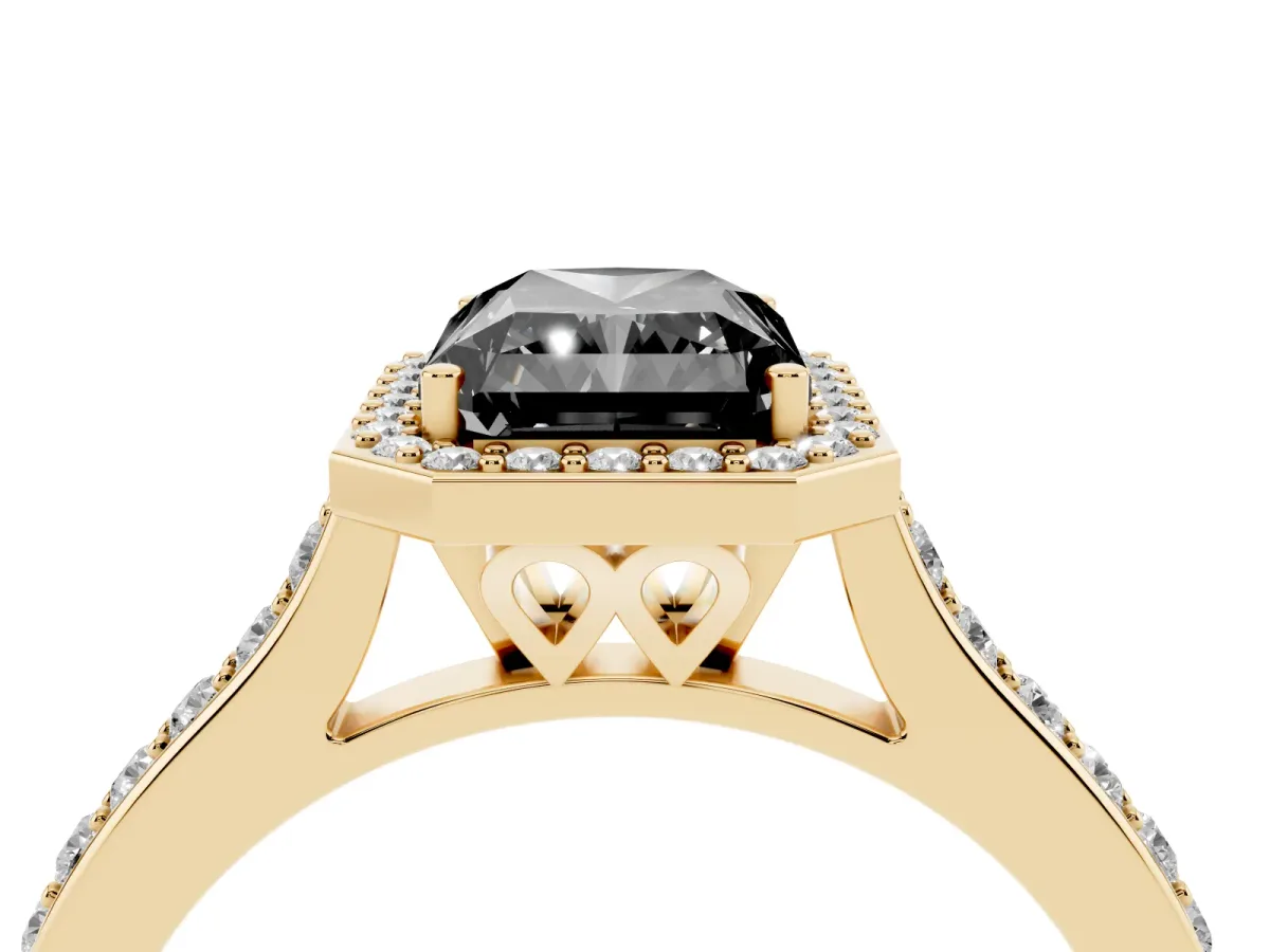 Fancy Black Radiant Cut Diamond Halo Engagement Ring with Round Pavé Shoulders and Prong Setting Yellow gold