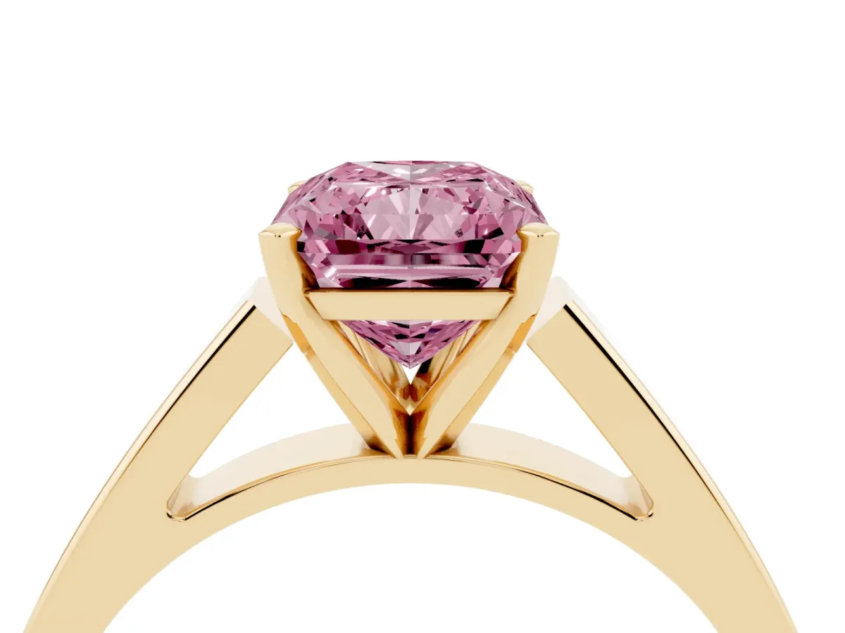Fancy Pink Radiant Cut Solitaire Engagement Ring with Four-Prong Setting and Tapered Band Yellow gold