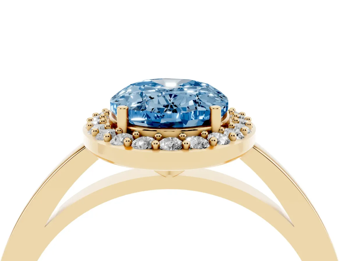 Fancy Blue Oval Cut Halo Diamond Ring with Solitaire Band and Prong Setting Yellow gold