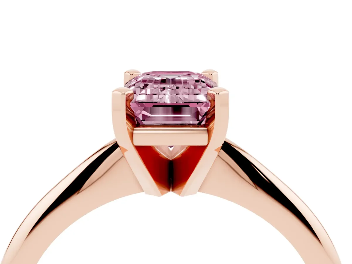 Fancy Pink Emerald Cut Cut Solitaire Ring with Four-Prong Setting on a Classic Band Rose gold