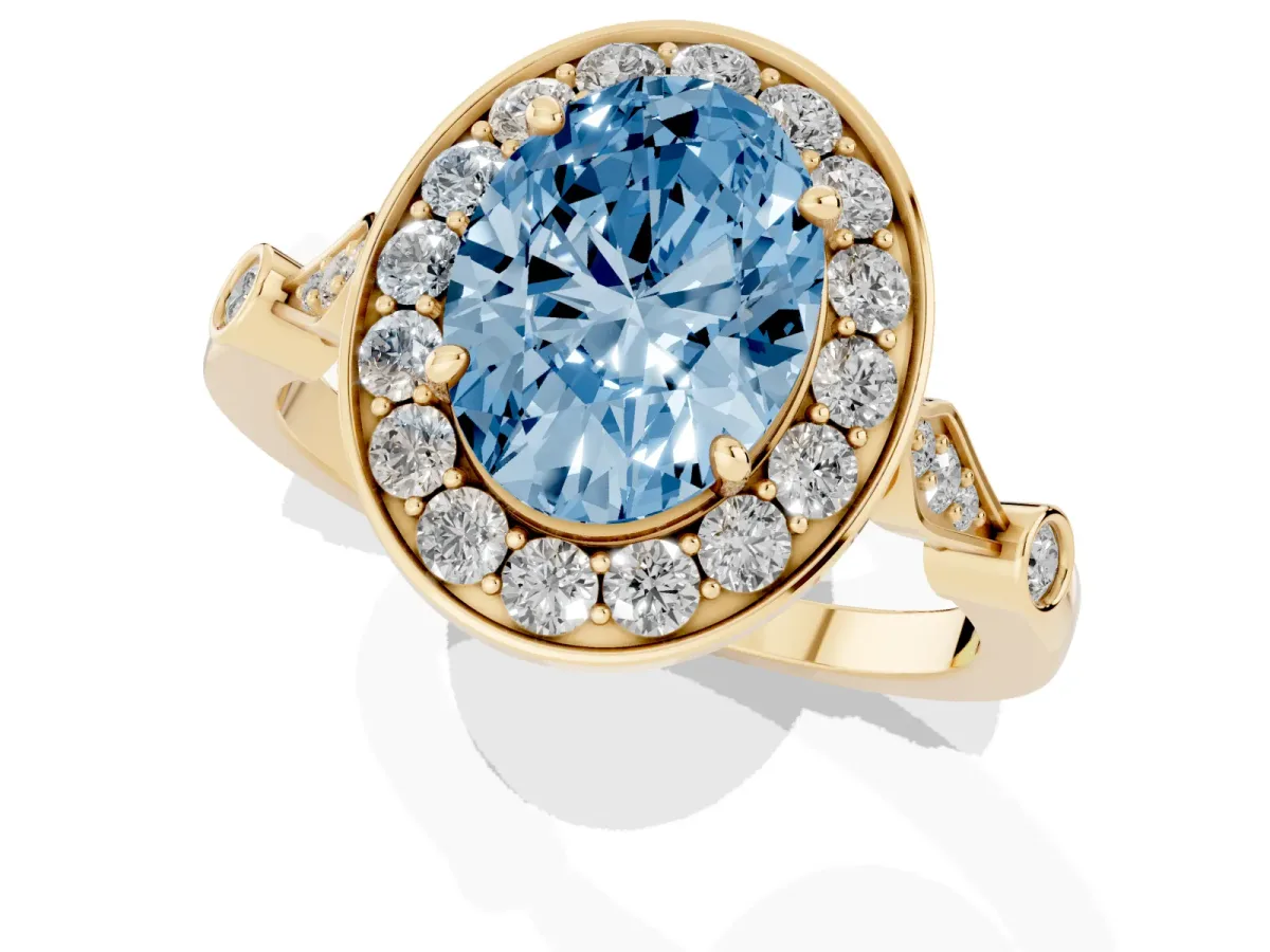 Fancy Blue Oval Cut Halo Diamond Engagement Ring with Twisted Band and Four-Prong Setting Yellow gold