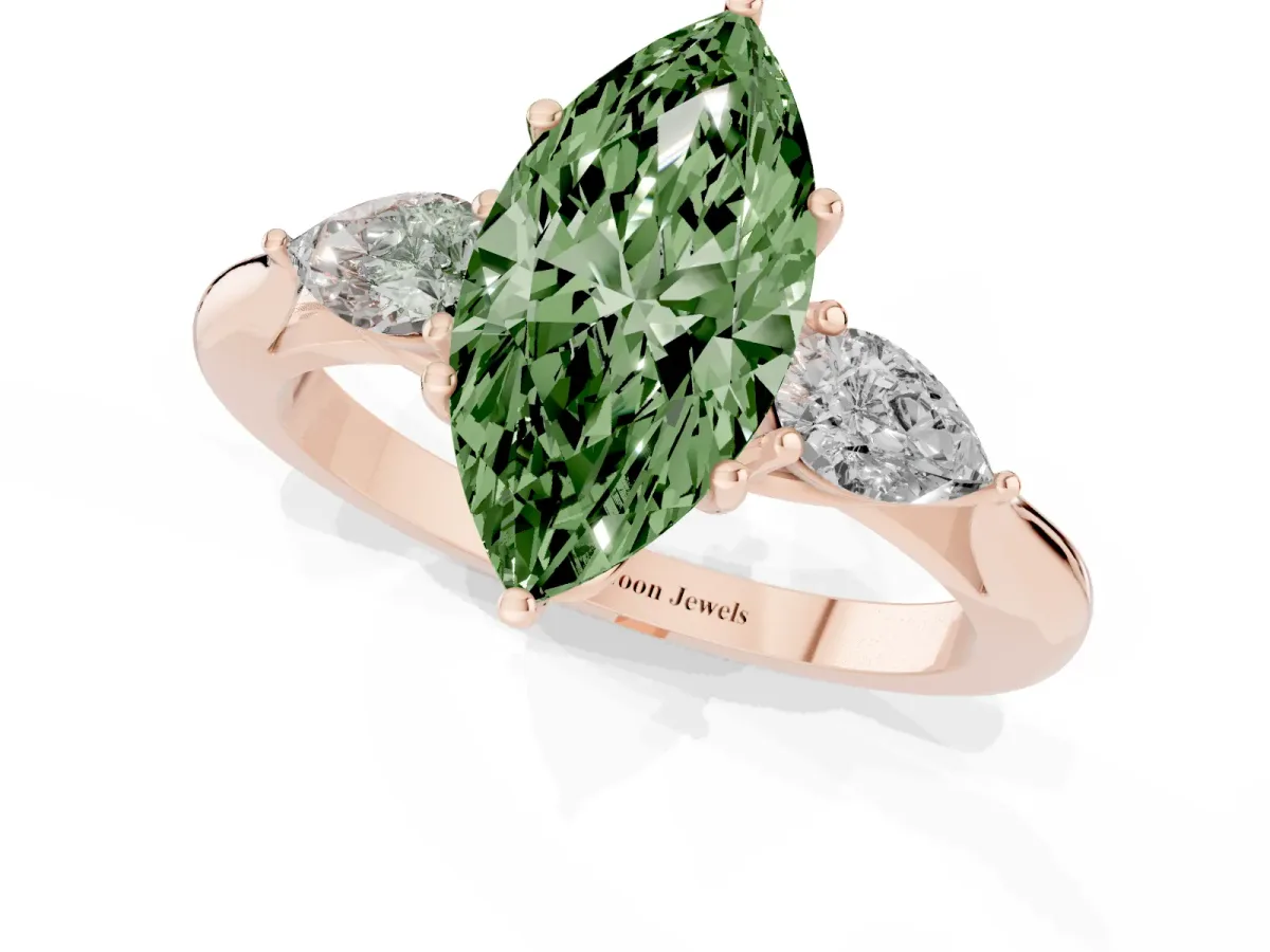 Fancy Green Three-Stone Marquise Cut Brilliant Diamond Solitaire Ring with Tapered Band and Four-Prong Setting Rose gold