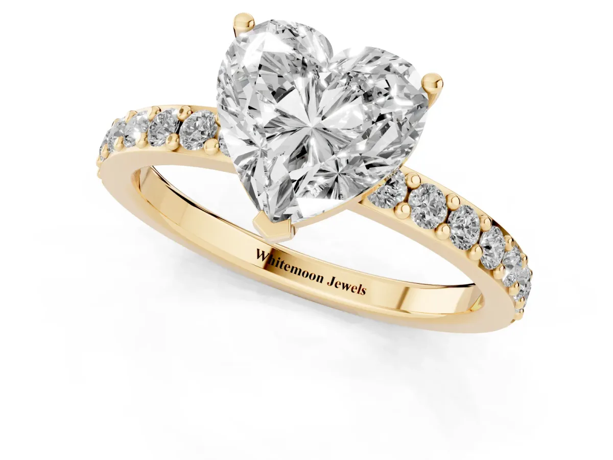 Heart Cut Cut Diamond Solitaire with Pave Band and Four-Prong Setting Yellow gold
