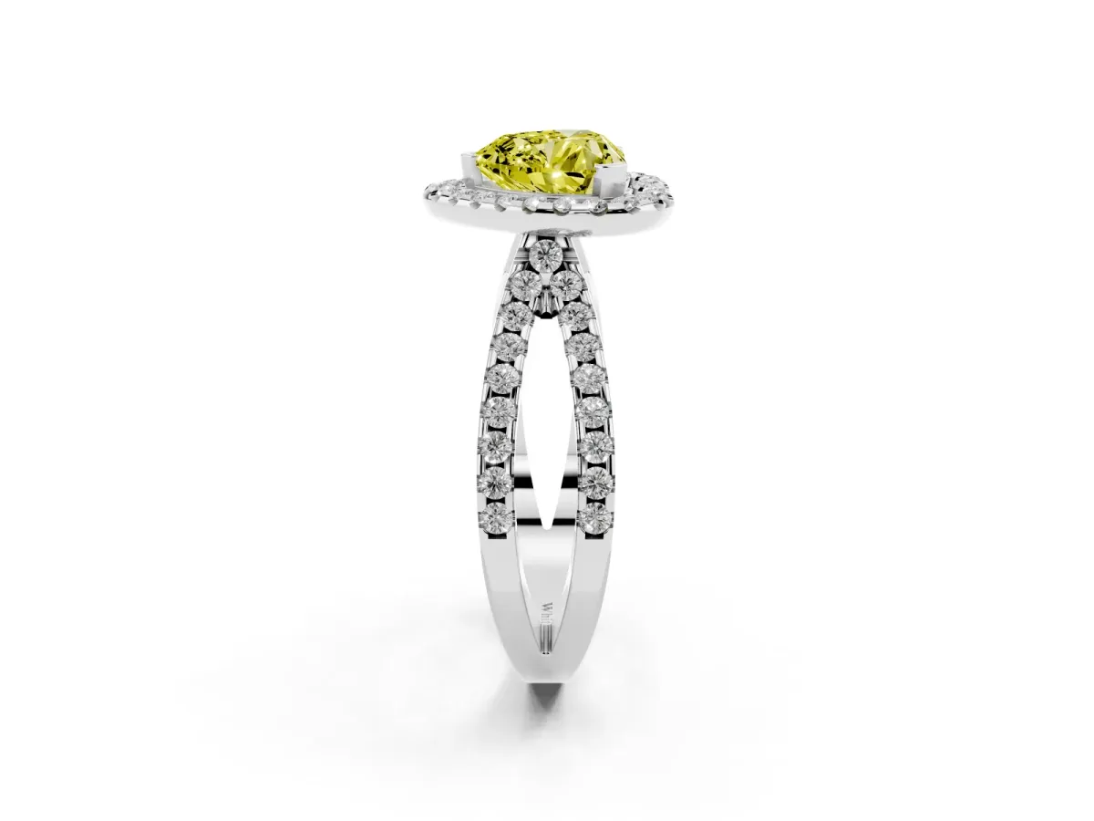 Fancy Yellow Heart Cut Diamond Halo Ring with Split Shank Pavé Band and Prong Setting Silver