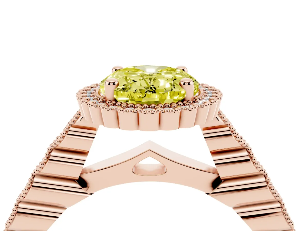 Fancy Yellow Oval Cut Cut Halo Pavé Solitaire Ring with Milgrain Band Rose gold