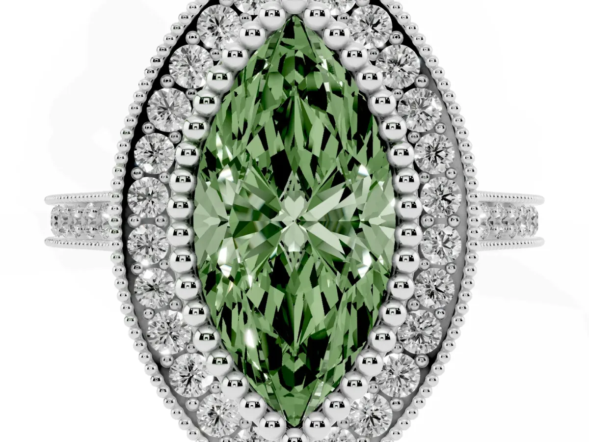 Fancy Green Marquise Cut Diamond Halo Ring with Milgrain Frame and Pavé Band Silver