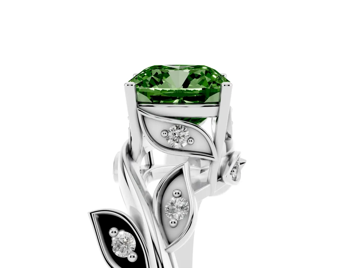Fancy Green Cushion Cut Solitaire Twist Engagement Ring with Leaf Accents and Prong Setting Platinum