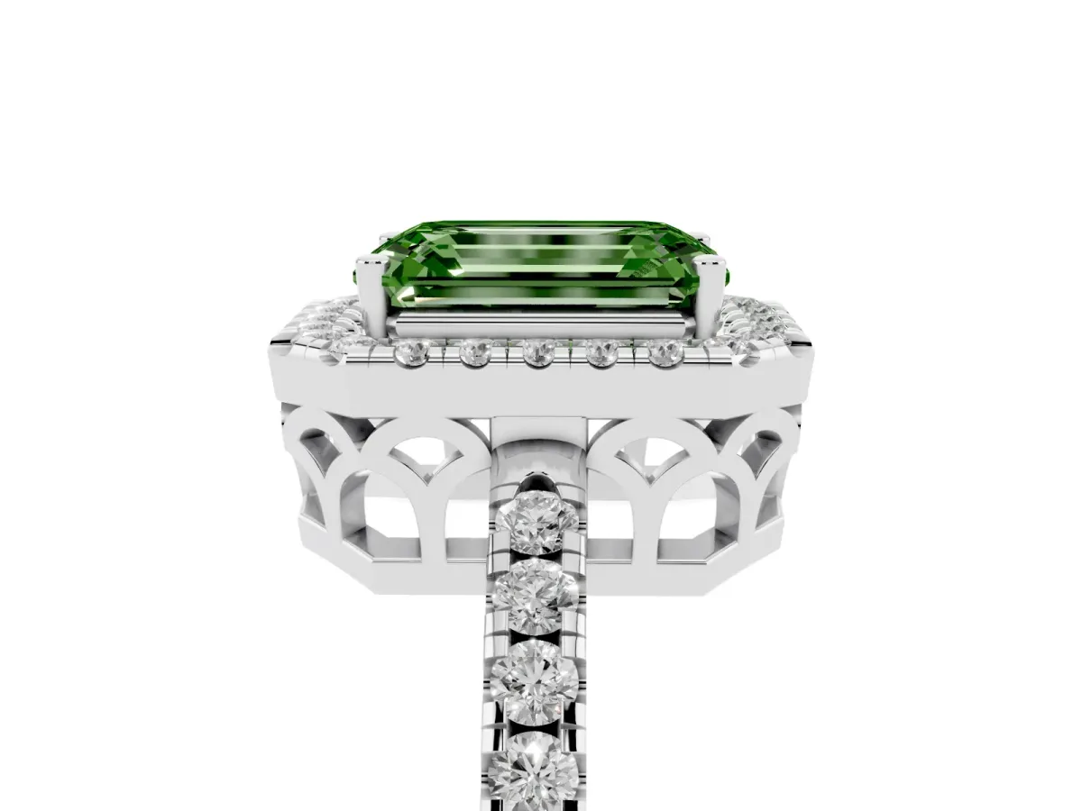 Fancy Green Emerald Cut Halo Diamond Engagement Ring with Pavé Band and Four-Prong Setting Silver