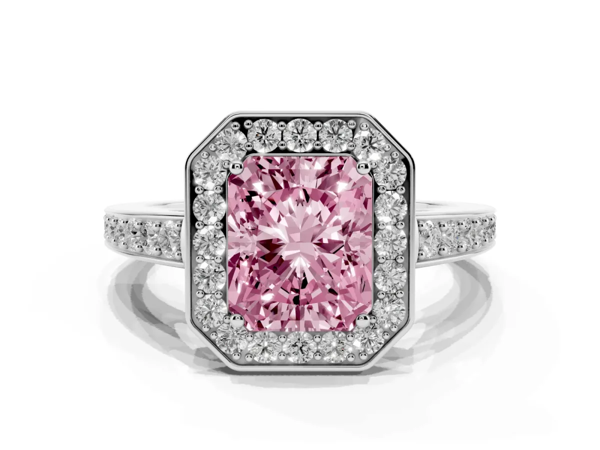 Fancy Pink Radiant Cut Halo Pavé Diamond Engagement Ring with Bezel Setting Silver