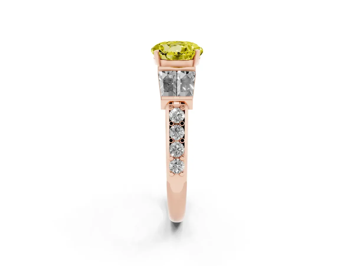 Fancy Yellow Round Cut Diamond Engagement Ring with Baguette Side Stones and Channel Set Band Rose gold