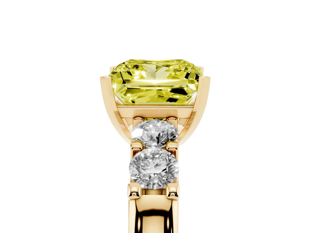 Fancy Yellow Princess Cut Brilliant Cut Diamond Five-Stone Prong Set Engagement Ring with Channel Band Yellow gold