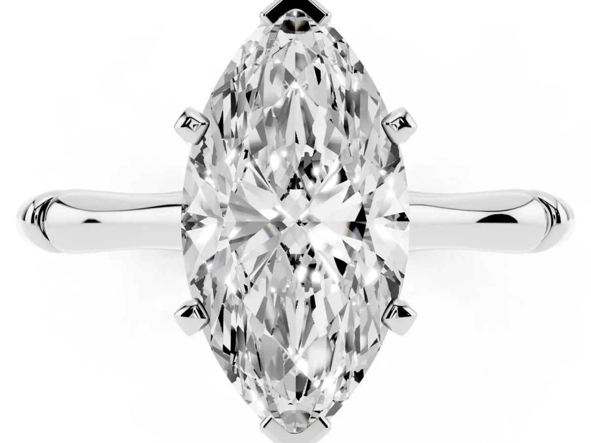 Marquise Cut Solitaire Diamond Ring with Bamboo Band and Four-Prong Setting Silver
