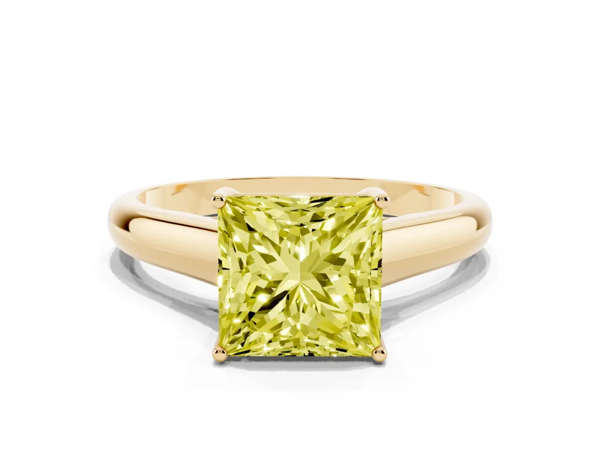 Fancy Yellow Princess Cut Solitaire Engagement Ring with Tapered Band and Four-Prong Setting Yellow gold
