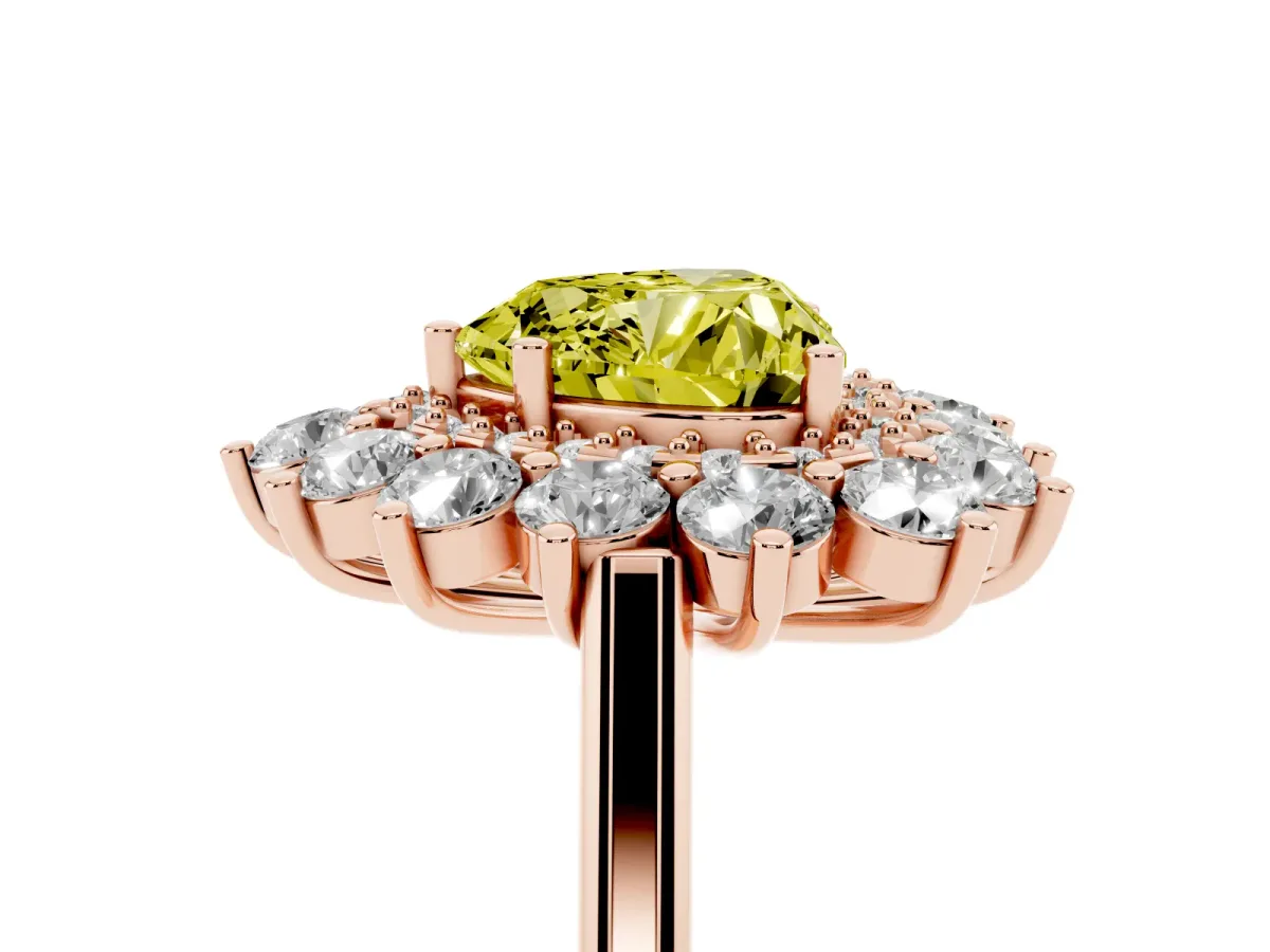 Fancy Yellow Heart Cut Diamond Floral Double Halo Engagement Ring with Prong Setting Rose gold
