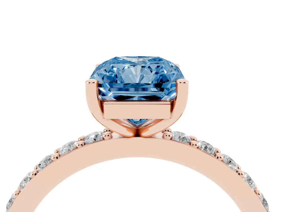 Fancy Blue Radiant Cut Cut Diamond Solitaire with Pave Band and Four-Prong Setting Rose gold